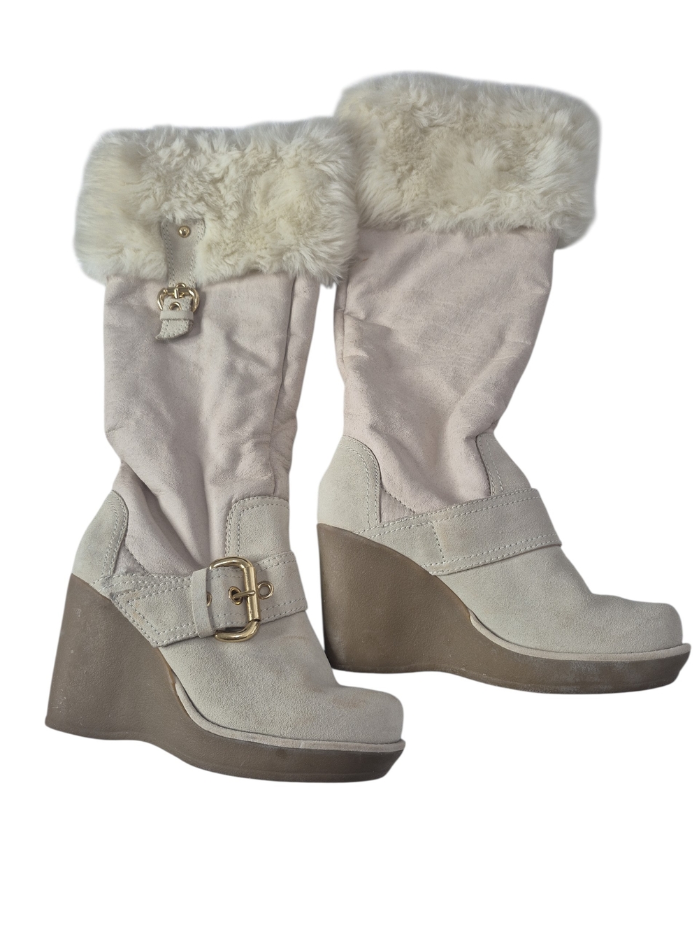 GUC ALDO Women’s Suede Shearling Platform Wedge Boots Fur Buckle EU37 US6.5